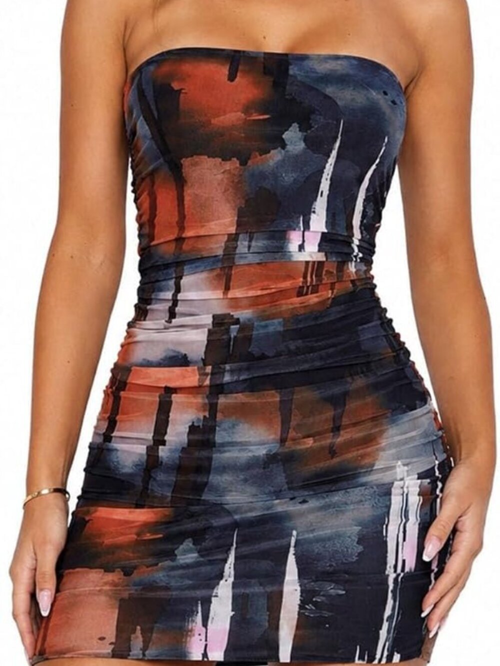 Women's Black Polyester Elastane Strapless Printed Backless Bodycone Mini Dress - Picture 1 of 1